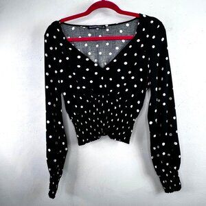 Abercrombie & Fitch Polka Dot Crop Top S Black Smocked V Neck Long Sleeve Blouse